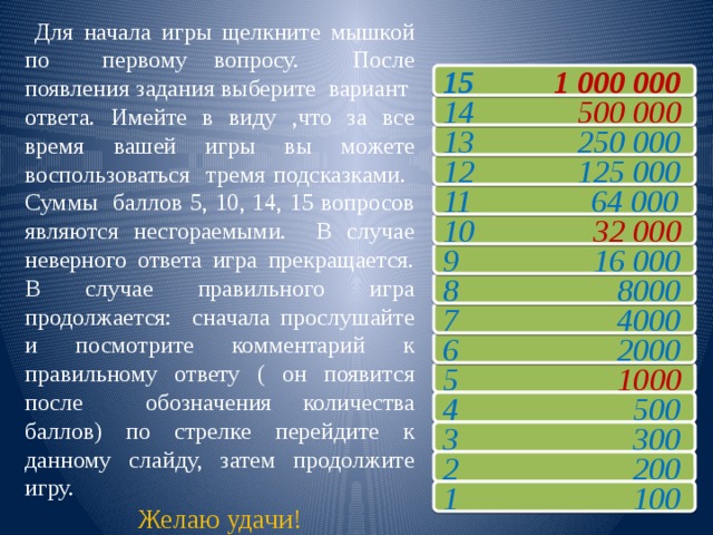  Для начала игры щелкните мышкой по первому вопросу. После появления задания выберите вариант ответа. Имейте в виду ,что за все время вашей игры вы можете воспользоваться тремя подсказками. Суммы баллов 5, 10, 14, 15 вопросов являются несгораемыми. В случае неверного ответа игра прекращается. В случае правильного игра продолжается: сначала прослушайте и посмотрите комментарий к правильному ответу ( он появится после обозначения количества баллов) по стрелке перейдите к данному слайду, затем продолжите игру. Желаю удачи! 15 1 000 000 14 500 000 13 250 000 12 125 000 11 64 000 10 32 000 9 16 000 8 8000 7 4000 6 2000 5 1000 4 500 3 300 2 200 1 100 