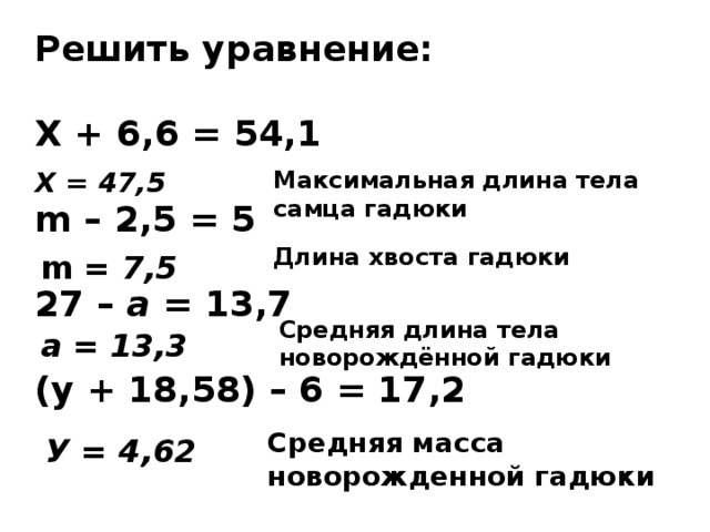 Решить уравнение:  Х + 6,6 = 54,1  m – 2,5 = 5  27 – a = 13,7  (у + 18,58) – 6 = 17,2 Х = 47,5 Максимальная длина тела самца гадюки Длина хвоста гадюки m = 7,5  Средняя длина тела новорождённой гадюки а = 13,3 Средняя масса новорожденной гадюки У = 4,62