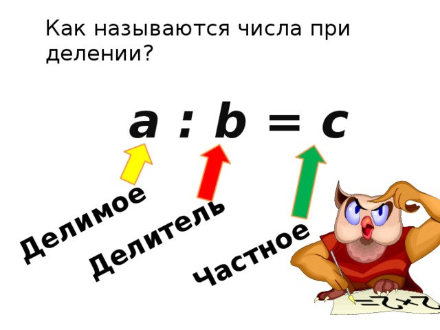 Делимое Делитель Частное Как называются числа при делении?  a : b = c 