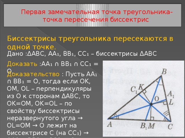 Замечательные точки треугольника 8 класс презентация. Биссектрисы треугольника пересекаются в точке доказательство. Четыре замечательные точки треугольника доказательство. Первая замечательная точка треугольника.