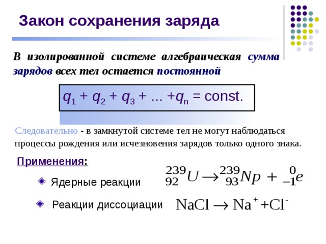 Закон сохранения заряда В изолированной системе алгебраическая сумма зарядов всех тел остается постоянной q 1  +  q 2  +  q 3  + ... + q n  = const. Следовательно - в замкнутой системе тел не могут наблюдаться процессы рождения или исчезновения зарядов только одного знака.  Применения : Ядерные реакции Реакции диссоциации 