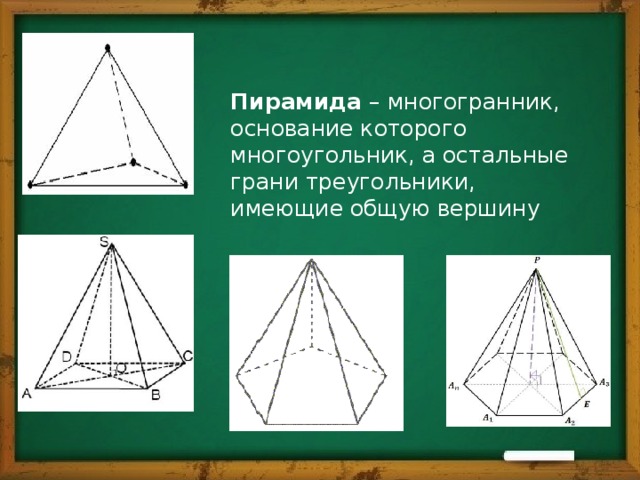 Пирамида – многогранник, основание которого многоугольник, а остальные грани треугольники, имеющие общую вершину 