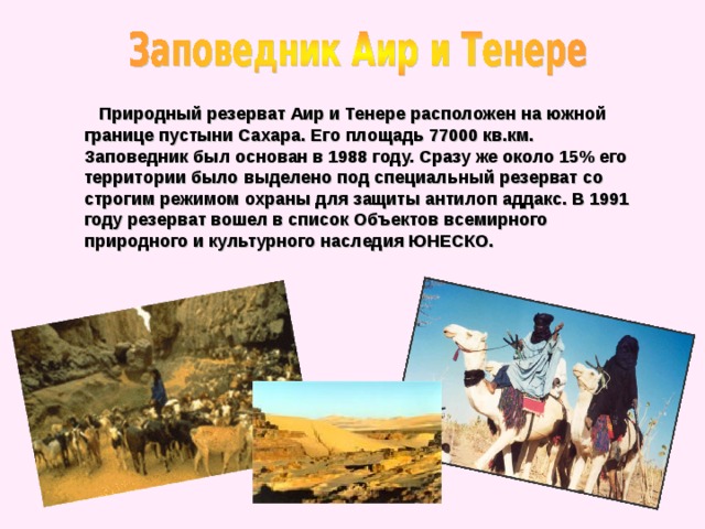 Природный резерват Аир и Тенере расположен на южной границе пустыни Сахара. Его площадь 77000 кв.км. Заповедник был основан в 1988 году. Сразу же около 15% его территории было выделено под специальный резерват со строгим режимом охраны для защиты антилоп аддакс. В 1991 году резерват вошел в список Объектов всемирного природного и культурного наследия ЮНЕСКО.