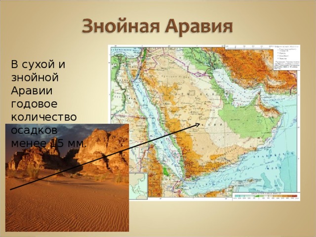 В сухой и знойной Аравии годовое количество осадков менее 15 мм.