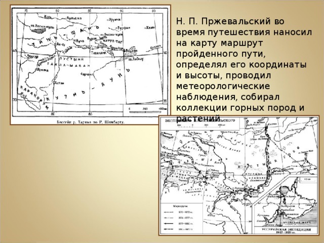 Н. П. Пржевальский во время путешествия наносил на карту маршрут пройденного пути, определял его координаты и высоты, проводил метеорологические наблюдения, собирал коллекции горных пород и растений.