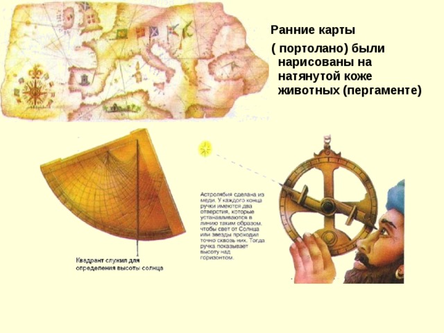 Ранние карты  ( портолано) были нарисованы на натянутой коже животных (пергаменте)