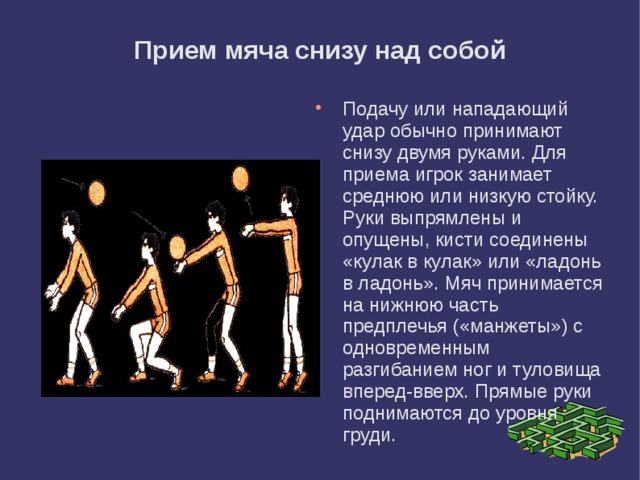 Прием мяча снизу над собой Подачу или нападающий удар обычно принимают снизу двумя руками. Для приема игрок занимает среднюю или низкую стойку. Руки выпрямлены и опущены, кисти соединены «кулак в кулак» или «ладонь в ладонь». Мяч принимается на нижнюю часть предплечья («манжеты») с одновременным разгибанием ног и туловища вперед-вверх. Прямые руки поднимаются до уровня груди. 