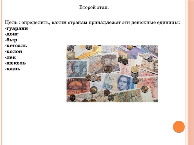 Второй этап. Цель : определить, каким странам принадлежат эти денежные единицы: - гуарани -донг -быр -кетсаль -колон -лек -шекель -юань 