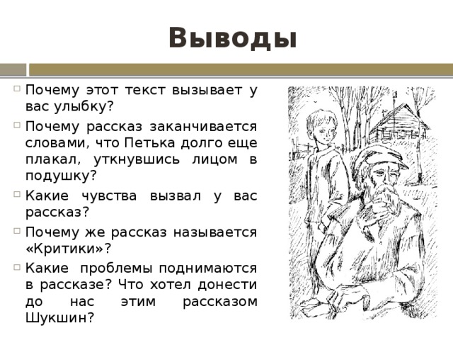 Выводы Почему этот текст вызывает у вас улыбку? Почему рассказ заканчивается словами, что Петька долго еще плакал, уткнувшись лицом в подушку? Какие чувства вызвал у вас рассказ? Почему же рассказ называется «Критики»? Какие проблемы поднимаются в рассказе? Что хотел донести до нас этим рассказом Шукшин? 