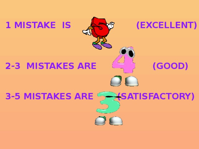 1 mistake is (excellent)    2-3 mistakes are (good)    3-5 mistakes are (satisfactory)   