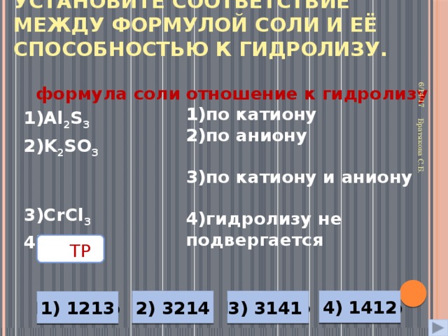 Установите соответствие между формулой соли и её способностью к гидролизу. 6/14/17 Братякова С.Б. отношение к гидролизу 1)по катиону  формула соли 1)Al 2 S 3  2)по аниону 3)по катиону и аниону 2)K 2 SO 3  4)гидролизу не подвергается 3)CrCl 3  4)K 2 SO 4   ТР  Неверно Верно Неверно 4) 1412 3) 3141 2) 3214 Неверно 1) 1213 