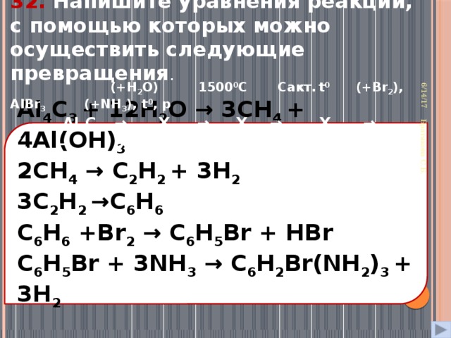 32. Напишите уравнения реакций, с помощью которых можно осуществить следующие превращения . 6/14/17 Братякова С.Б.   (+H 2 O) 1500 0 С Сакт.  t 0 (+Br 2 ), AlBr 3 (+NH 3 ), t 0 , p  Al 4 C 3 → Х 1 → Х 2 → Х 3 → Х 4 → X 5  Al 4 C 3 + 12H 2 O → 3CH 4 + 4Al(OH) 3 2CH 4 → C 2 H 2 + 3H 2 3C 2 H 2 →C 6 H 6 C 6 H 6 +Br 2 → C 6 H 5 Br + HBr C 6 H 5 Br + 3NH 3 → C 6 H 2 Br(NH 2 ) 3 + 3H 2 