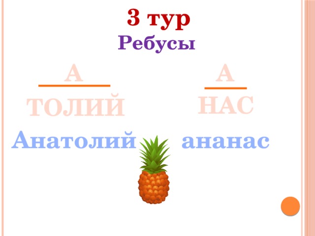 3 тур Ребусы А А НАС ТОЛИЙ Анатолий ананас 