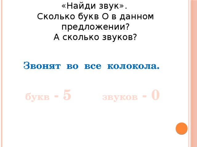 «Найди звук». Сколько букв О в данном предложении? А сколько звуков?  Звонят во все колокола. букв - 5 звуков - 0 