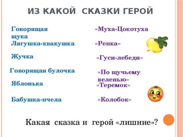 Из какой сказки герой  «Муха-Цокотуха Говорящая щука Лягушка-квакушка «Репка» Жучка  «Гуси-лебеди» Говорящая булочка «По щучьему веленью» Яблонька  «Теремок» Бабушка-пчела «Колобок» Какая сказка и герой «лишние»? 