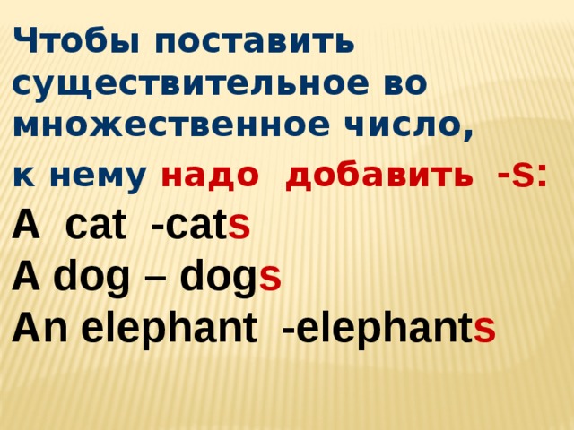 Чтобы поставить существительное во множественное число, к нему надо добавить  -s: A cat -cat s A dog – dog s An elephant -elephant s  