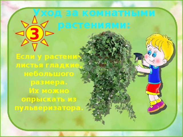 Уход за комнатными растениями: 3 Если у растений листья гладкие, небольшого размера. Их можно опрыскать из пульверизатора. 