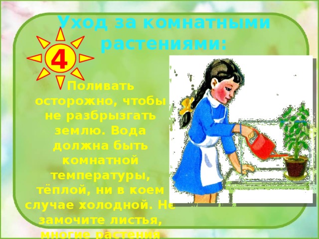 Уход за комнатными растениями: 4 Поливать осторожно, чтобы не разбрызгать землю. Вода должна быть комнатной температуры, тёплой, ни в коем случае холодной. Не замочите листья, многие растения этого не выносят. 