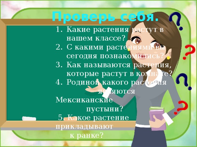 Проверь себя. Какие растения растут в нашем классе? С какими растениями вы сегодня познакомились? Как называются растения, которые растут в комнате? Родиной какого растения  являются Мексиканские  пустыни?  5. Какое растение прикладывают  к ранке? 