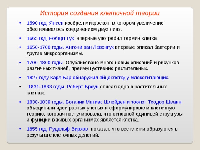 История создания клеточной теории 1590 год. Янсен изобрел микроскоп, в котором увеличение обеспечивалось соединением двух линз. 1665 год. Роберт Гук впервые употребил термин клетка. 1650-1700 годы. Антони ван Левенгук впервые описал бактерии и другие микроорганизмы. 1700-1800 годы . Опубликовано много новых описаний и рисунков различных тканей, преимущественно растительных. 1827 году Карл Бэр обнаружил яйцеклетку у млекопитающих.  1831-1833 годы. Роберт Броун описал ядро в растительных клетках. 1838-1839 годы. Ботаник Матиас Шлейден и зоолог Теодор Шванн объединили идеи разных ученых и сформулировали клеточную теорию, которая постулировала, что основной единицей структуры и функции в живых организмах является клетка. 1855 год. Рудольф Вирхов показал, что все клетки образуются в результате клеточных делений. 