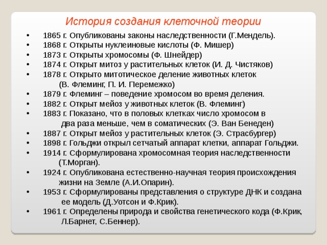 История создания клеточной теории 1865 г. Опубликованы законы наследственности (Г.Мендель). 1868 г. Открыты нуклеиновые кислоты (Ф. Мишер) 1873 г. Открыты хромосомы (Ф. Шнейдер) 1874 г. Открыт митоз у растительных клеток (И. Д. Чистяков) 1878 г. Открыто митотическое деление животных клеток   (В. Флеминг, П. И. Перемежко) 1879 г. Флеминг – поведение хромосом во время деления. 1882 г. Открыт мейоз у животных клеток (В. Флеминг) 1883 г. Показано, что в половых клетках число хромосом в    два раза меньше, чем в соматических (Э. Ван Бенеден) 1887 г. Открыт мейоз у растительных клеток (Э. Страсбургер) 1898 г. Гольджи открыл сетчатый аппарат клетки, аппарат Гольджи. 1914 г. Сформулирована хромосомная теория наследственности   (Т.Морган). 1924 г. Опубликована естественно-научная теория происхождения   жизни на Земле (А.И.Опарин). 1953 г. Сформулированы представления о структуре ДНК и создана    ее модель (Д.Уотсон и Ф.Крик). 1961 г. Определены природа и свойства генетического кода (Ф.Крик,    Л.Барнет, С.Беннер). 