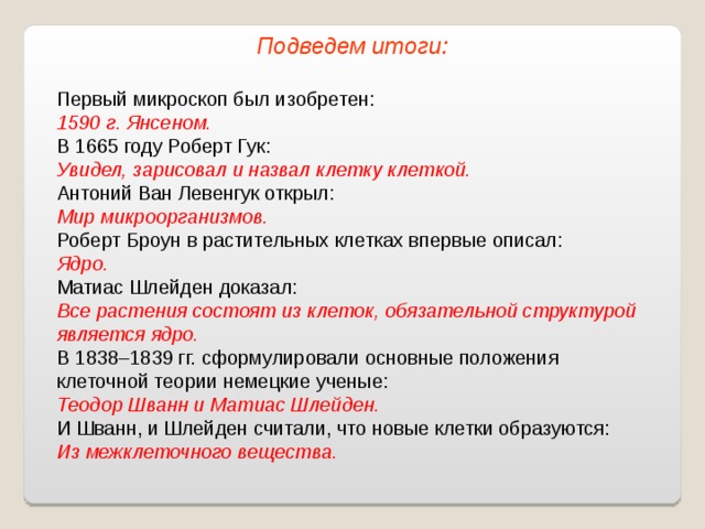 Подведем итоги: Первый микроскоп был изобретен: 1 5 90 г. Янсеном. В 1665 году Роберт Гук: Увидел, зарисовал и назвал клетку клеткой. Антоний Ван Левенгук открыл: Мир микроорганизмов. Роберт Броун в растительных клетках впервые описал: Ядро. Матиас Шлейден доказал: Все растения состоят из клеток, обязательной структурой является ядро. В 1838–1839 гг. сформулировали основные положения клеточной теории немецкие ученые: Теодор Шванн и Матиас Шлейден. И Шванн, и Шлейден считали, что новые клетки образуются: Из межклеточного вещества. 