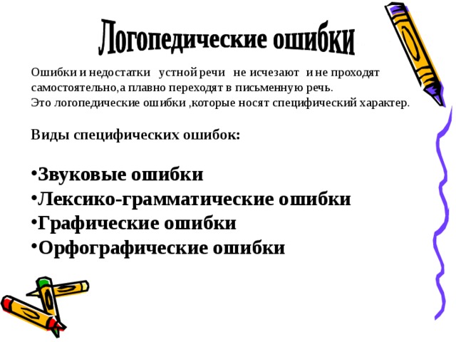 Ошибки и недостатки устной речи не исчезают и не проходят самостоятельно,а плавно переходят в письменную речь. Это логопедические ошибки ,которые носят специфический характер. Виды специфических ошибок: Звуковые ошибки Лексико-грамматические ошибки Графические ошибки Орфографические ошибки