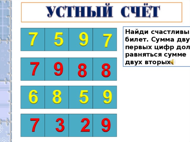 Найди счастливый билет. Сумма двух первых цифр должна равняться сумме двух вторых. 