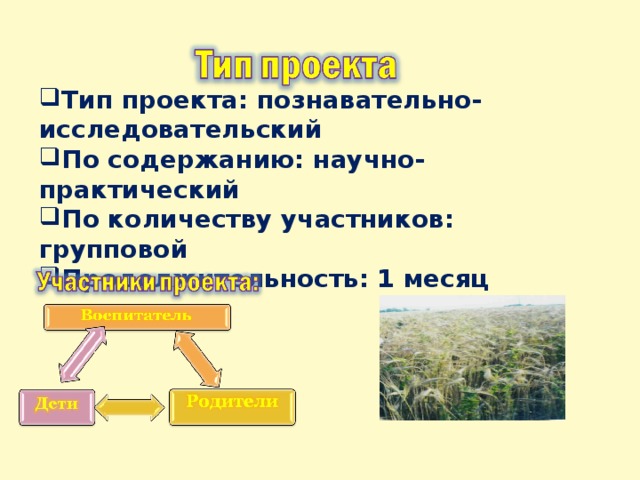 Тип проекта: познавательно-исследовательский По содержанию: научно-практический По количеству участников: групповой Продолжительность: 1 месяц 