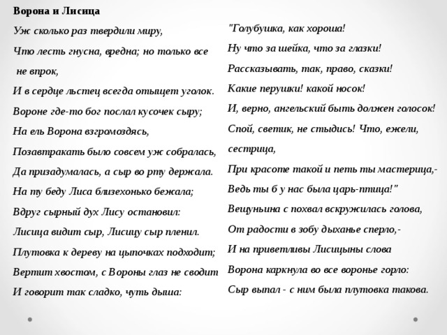 Ворона и Лисица Уж сколько раз твердили миру, Что лесть гнусна, вредна; но только все  не впрок, И в сердце льстец всегда отыщет уголок. Вороне где-то бог послал кусочек сыру; На ель Ворона взгромоздясь, Позавтракать было совсем уж собралась, Да призадумалась, а сыр во рту держала. На ту беду Лиса близехонько бежала; Вдруг сырный дух Лису остановил: Лисица видит сыр, Лисицу сыр пленил. Плутовка к дереву на цыпочках подходит; Вертит хвостом, с Вороны глаз не сводит И говорит так сладко, чуть дыша:  