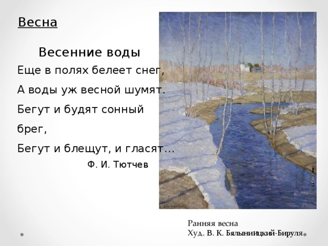 Весна Весенние воды Еще в полях белеет снег, А воды уж весной шумят. Бегут и будят сонный брег, Бегут и блещут, и гласят… Ф. И. Тютчев Ранняя весна Худ. В . К . Бялыни и цкий-Бирул я 