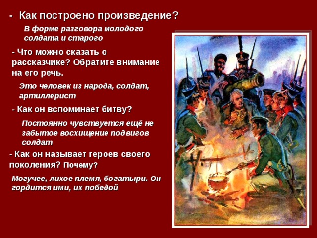 Бородино тема идея образ рассказчика. Стих Лермонтова Бородино. Солдат в стихотворении Бородино. Образ русского солдата в стихотворении Бородино. Описание молодого и старого солдата.