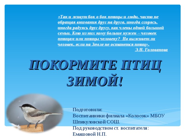 «Так и живут бок о бок птицы и люди, часто не обращая внимания друг на друга, иногда ссорясь, иногда радуясь друг другу, как члены одной большой семьи. Кто из них кому больше нужен – человек птицам или птицы человеку? Но выживет ли человек, если на Земле не останется птиц». Э.Н. Голованова ПОКОРМИТЕ ПТИЦ ЗИМОЙ! Подготовили: Воспитанники филиала «Колосок» МБОУ Шпикуловской СОШ. Под руководством ст. воспитателя: Емашовой Н.П. 