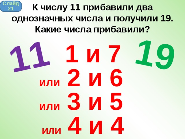 К числу 11 прибавили два однозначных числа и получили 19. Какие числа прибавили? 11 19 Слайд 21 1 и 7 или 2 и 6 или 3 и 5 или 4 и 4 