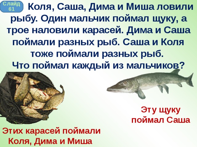  Коля, Саша, Дима и Миша ловили рыбу. Один мальчик поймал щуку, а трое наловили карасей. Дима и Саша поймали разных рыб. Саша и Коля тоже поймали разных рыб. Что поймал каждый из мальчиков? Слайд 61 Эту щуку поймал Саша Этих карасей поймали Коля, Дима и Миша 