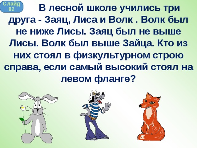    В лесной школе учились три друга - Заяц, Лиса и Волк . Волк был не ниже Лисы. Заяц был не выше Лисы. Волк был выше Зайца. Кто из них стоял в физкультурном строю справа, если самый высокий стоял на левом фланге? Слайд 82 