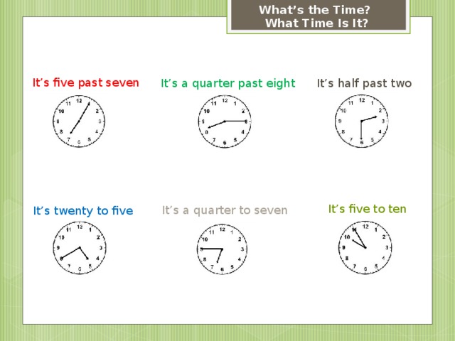 What’s the Time? What Time Is It? It’s five past seven It’s half past two It’s a quarter past eight It’s five to ten It’s a quarter to seven It’s twenty to five 