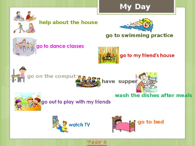 My Day help about the house go to swimming practice go on the computer have supper wash the dishes after meals go to bed 
