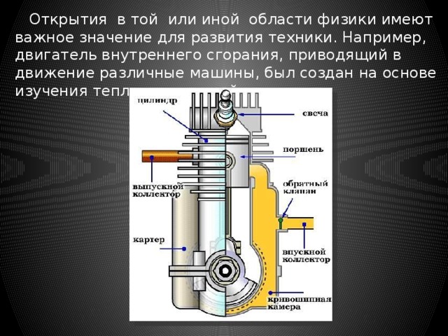  Открытия в той или иной области физики имеют важное значение для развития техники. Например, двигатель внутреннего сгорания, приводящий в движение различные машины, был создан на основе изучения тепловых явлений. 