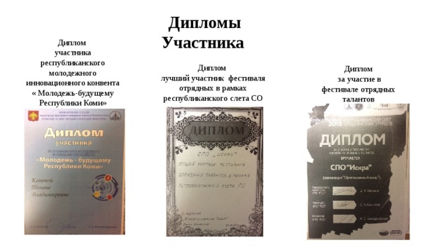 Дипломы Участника Диплом участника республиканского молодежного инновационного конвента « Молодежь-будущему Республики Коми» Диплом лучший участник фестиваля отрядных в рамках республиканского слета СО Диплом  за участие в фестивале отрядных талантов 