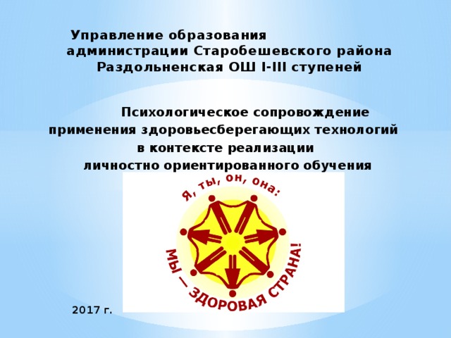 Управление образования администрации Старобешевского района  Раздольненская ОШ I-III ступеней  Психологическое сопровождение применения здоровьесберегающих технологий в контексте реализации  личностно ориентированного обучения                        2017 г. 