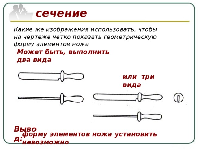 сечение Какие же изображения использовать, чтобы на чертеже четко показать геометрическую форму элементов ножа Может быть, выполнить два вида  или три вида  Вывод: форму элементов ножа установить невозможно 