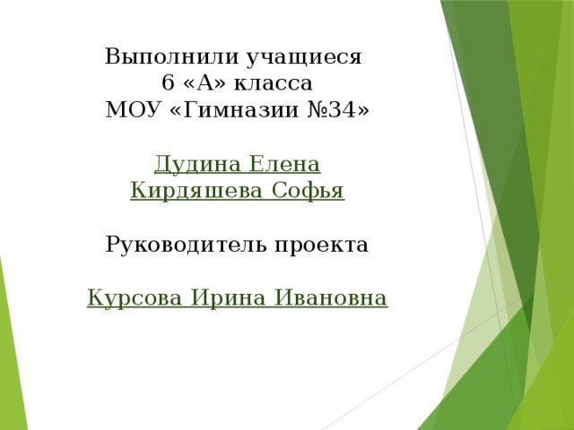 Выполнили учащиеся  6 «А» класса  МОУ «Гимназии №34»   Дудина Елена  Кирдяшева Софья   Руководитель проекта   Курсова Ирина Ивановна 