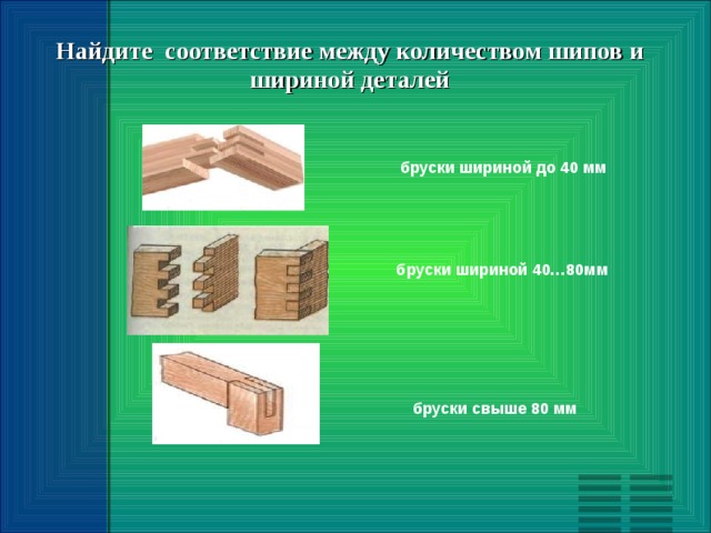 Найдите соответствие между количеством шипов и шириной деталей бруски шириной до 40 мм бруски шириной 40…80мм бруски свыше 80 мм 