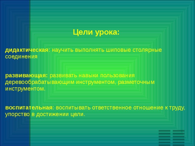 Цели урока: дидактическая : научить выполнять шиповые столярные соединения  развивающая : развивать навыки пользования деревообрабатывающим инструментом, разметочным инструментом.  воспитательная : воспитывать ответственное отношение к труду, упорство в достижении цели. 