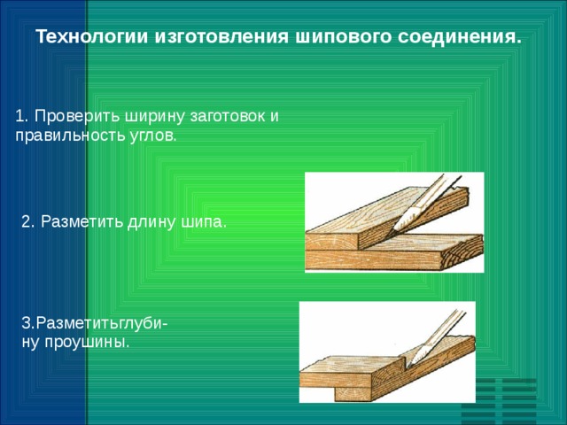  Технологии изготовления шипового соединения. 1. Проверить ширину заготовок и правильность углов. 2. Разметить длину шипа. 3.Разметитьглуби- ну проушины. 