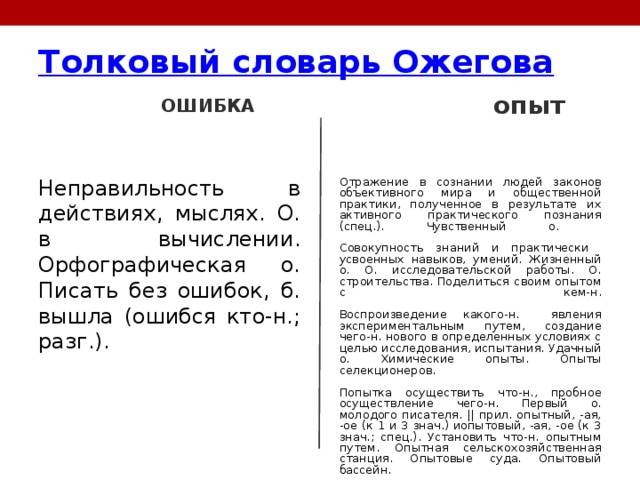 Толковый словарь Ожегова    ОШИБКА  опыт Неправильность в действиях, мыслях. О. в вычислении. Орфографическая о. Писать без ошибок, б. вышла (ошибся кто-н.; разг.). Отражение в сознании людей законов объективного мира и общественной практики, полученное в результате их активного практического познания (спец.). Чувственный о.   Совокупность знаний и практически усвоенных навыков, умений. Жизненный о. О. исследовательской работы. О. строительства. Поделиться своим опытом с кем-н.   Воспроизведение какого-н. явления экспериментальным путем, создание чего-н. нового в определенных условиях с целью исследования, испытания. Удачный о. Химические опыты. Опыты селекционеров.   Попытка осуществить что-н., пробное осуществление чего-н. Первый о. молодого писателя. || прил. опытный, -ая, -ое (к 1 и 3 знач.) иопытовый, -ая, -ое (к 3 знач.; спец.). Установить что-н. опытным путем. Опытная сельскохозяйственная станция. Опытовые суда. Опытовый бассейн. 