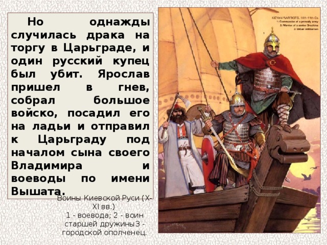 Но однажды случилась драка на торгу в Царьграде, и один русский купец был убит. Ярослав пришел в гнев, собрал большое войско, посадил его на ладьи и отправил к Царьграду под началом сына своего Владимира и воеводы по имени Вышата. Воины Киевской Руси (X-XI вв.) 1 - воевода; 2 - воин старшей дружины3 - городской ополченец. 