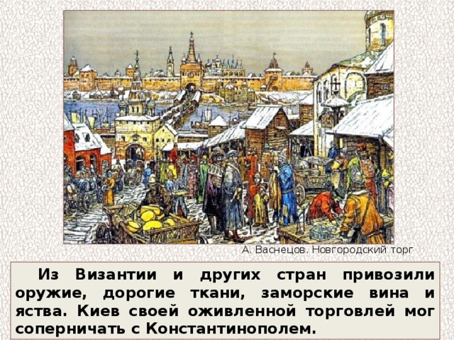 А. Васнецов. Новгородский торг Из Византии и других стран привозили оружие, дорогие ткани, заморские вина и яства. Киев своей оживленной торговлей мог соперничать с Константинополем. 