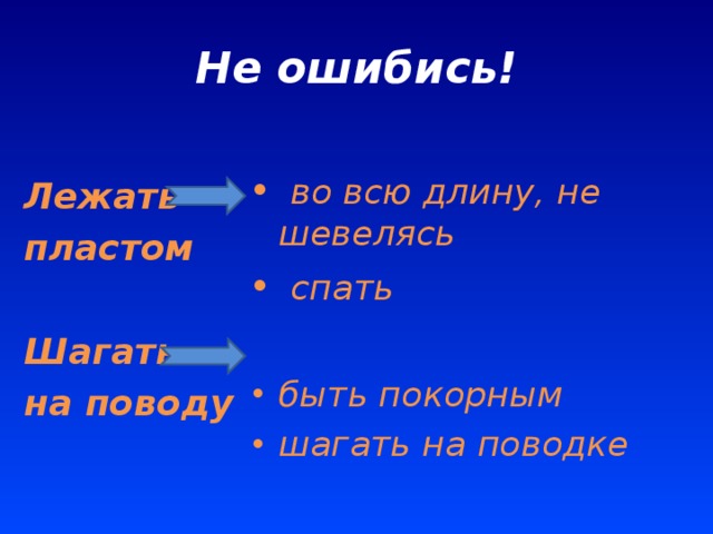 Не ошибись!  во всю длину, не шевелясь  спать  быть покорным шагать на поводке Лежать пластом  Шагать на поводу 